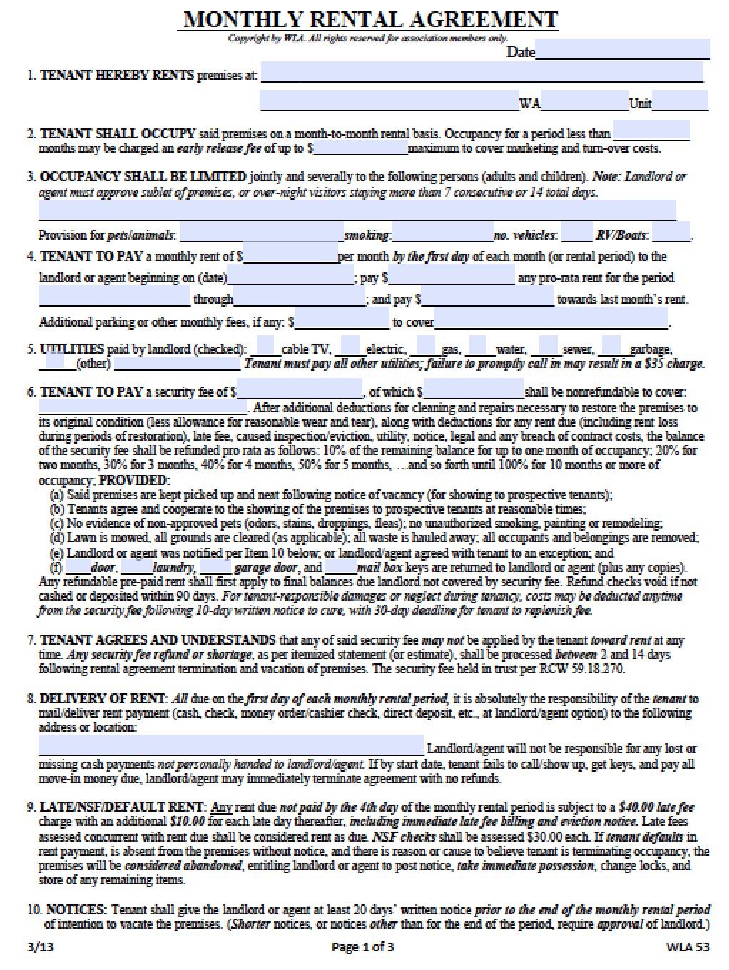 Free Printable Rental Agreement Washington State