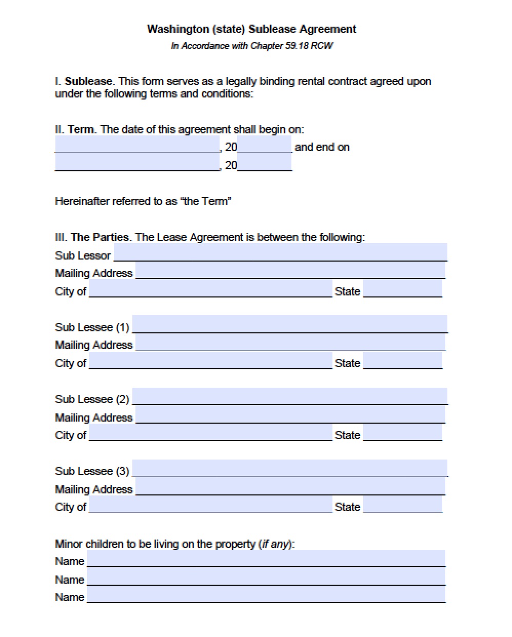 Washington State Rental Lease Agreement Forms Printable Form 