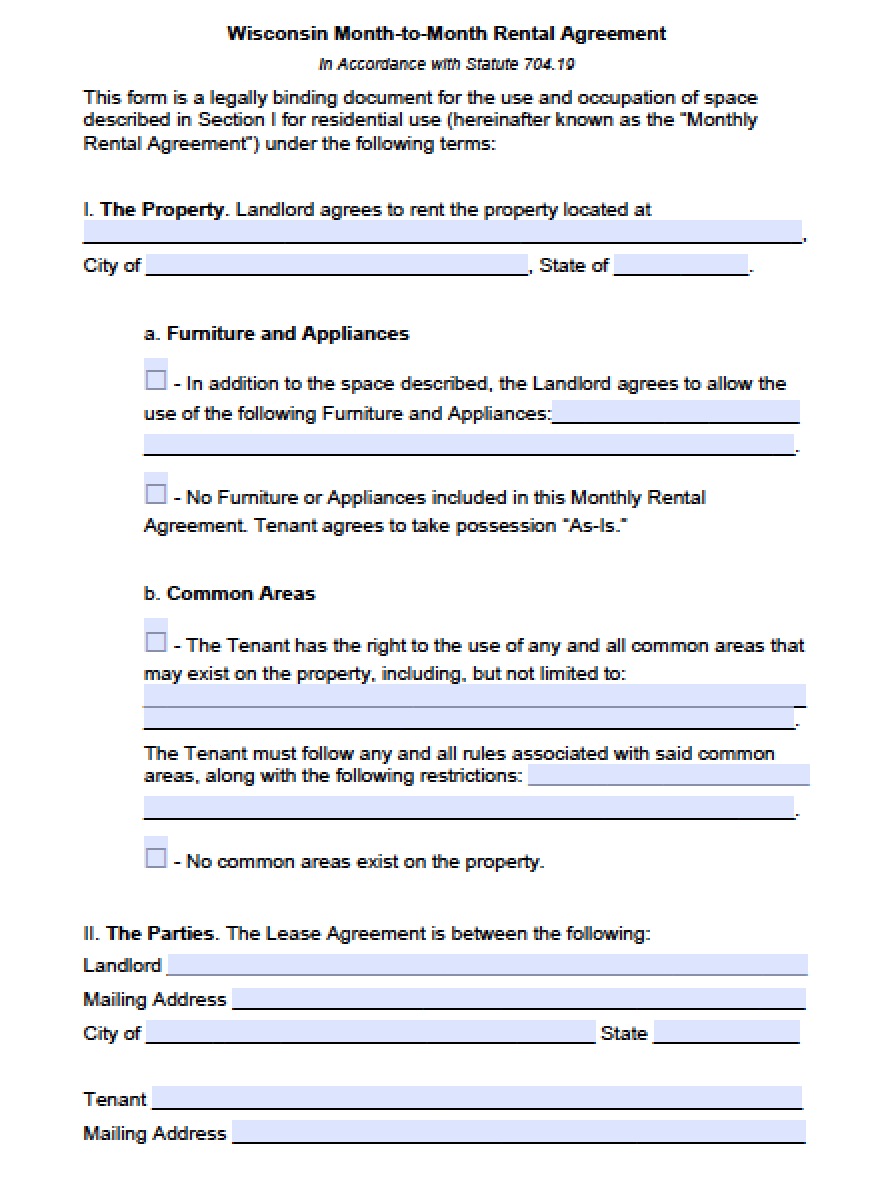 Free Wisconsin Month to Month Lease Agreement Template PDF Word