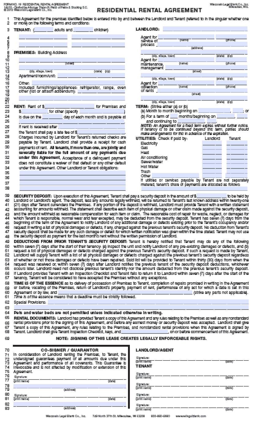 Wisconsin Residential Lease Agreement Template Printable Form 